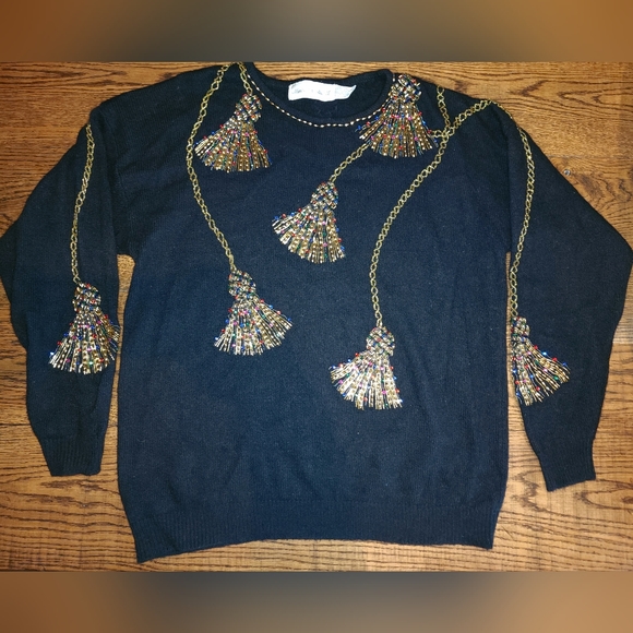 Vintage black knit wool beaded rhinestone Christmas Xmas tunic sweater L/XL - Picture 6 of 6